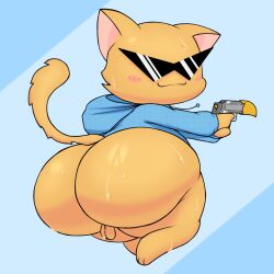 2023 anthro ass axoarts balls big_butt blue_clothing blue_hoodie blue_topwear blush bodily_fluids bottomless clothed clothing digital_media_(artwork) domestic_cat eyewear felid feline felis fur genitals gun hi_res holding_gun holding_object holding_weapon hoodie looking_at_viewer looking_back male mammal orange_body orange_ears orange_fur orange_tail partially_clothed ranged_weapon rear_view small_balls smile solo sunglasses sweat tail thick_thighs topwear weapon