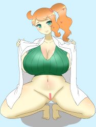 1girls alternate_breast_size bar_censor big_breasts blue_background blush breasts breasts_bigger_than_head censor_bar censored doors_drop exposed_breasts female game_freak green_eyes huge_breasts labcoat nintendo orange_hair partially_clothed pokemon pokemon_ss solo sonia_(pokemon)