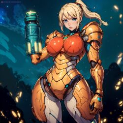 ai_generated armor armored_samus big_breasts blonde_hair blue_eyes handcannon metroid orange_armor ponytail power_suit samus_aran skizzen solo_female space spacesuit universe varia_suit