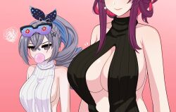 2girls alternate_breast_size angry breast_envy breasts eyewear_on_head female female_only honkai:_star_rail honkai_(series) huge_breasts kafka_(honkai:_star_rail) large_breasts light-skinned_female light_skin long_hair multiple_girls purple_hair silver_hair silver_wolf_(honkai:_star_rail) sweater the_only_shoe