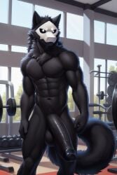 abs ai_generated anthro big_balls big_penis changed_(video_game) furry gym male male_only muscular muscular_male puro_(changed) solo solo_male stable_diffusion white_mask