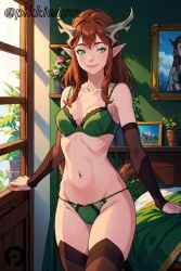 ai_generated bra breasts brown_hair collarbone critical_role critical_role:_vox_machina detached_sleeves female freckles green_bra green_eyes green_panties horns indoors keyleth long_hair looking_at_viewer medium_breasts navel panties pikkiwynn pointy_ears smile solo the_legend_of_vox_machina thighhighs underwear underwear_only