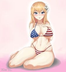 1girls american_flag_bikini bikini blonde_hair blue_eyes crown_braid female female_only flower_in_hair girls'_frontline juan_de_lata light-skinned_female light_skin looking_at_viewer mosin-nagant_(girls'_frontline) smile smiling smiling_at_viewer solo