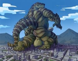 anthro anus ass balls big_balls big_penis carnak_(carpo) city crocodile crocodilian crocodylid destruction erection faustoxiii genitals hi_res kneeling landscape_dwarfing macro male muscular muscular_anthro muscular_male nude penis rear_view reptile scalie solo