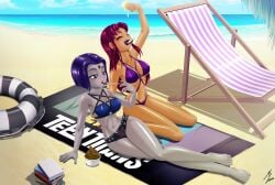 2girls beach beach_towel bikini cleavage dc dc_comics female female_only forehead_jewel ice_cream koriand'r large_breasts long_hair mauroz medium_hair multiple_girls purple_eyes purple_hair rachel_roth red_hair seaside teen_titans