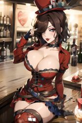 1girls ai_generated black_eyes borderlands breasts brown_hair cleavage female female_only hat hips huge_breasts indoors large_breasts looking_at_viewer mad_moxxi solo thick_thighs thighs wide_hips