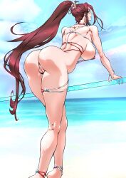 ass athletic_female beach brown_eyes brown_hair bubble_butt dead_or_alive fatal_fury fit_female huge_breasts king_of_fighters long_hair mai_shiranui micro_bikini ponytail seaside sideboob sling_bikini yuri-ai