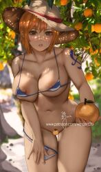 1girls bending_over big_breasts bikini censored censored_pussy curvaceous female female_only fruit holding_fruit nami nipple_slip one_piece orange_hair orchard panties_around_one_leg pre-timeskip short_hair solo tagme weisart young