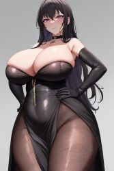 1girls ai_generated big_breasts black_choker black_dress black_gloves black_hair choker cleavage fishnets hands_on_hips huge_breasts large_breasts long_dress long_hair looking_at_viewer massive_breasts mommy mother nai_diffusion original original_character purple_eyes seductive seductive_female stable_diffusion tall taller_female thick_hips thick_thighs wide_hips wide_thighs