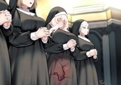 4girls absurdres alina_(svet_yomi) blanche_neige_(svet_yomi) blush breasts catholic closed_eyes dress faceless faceless_female female_masturbation habit highres large_breasts long_dress long_hair long_sleeves masturbation medium_breasts multiple_girls nun original own_hands_clasped own_hands_together palms_together panties praying raina_(svet_yomi) sex_toy short_hair svet_yomi thick_thighs thighhighs thighs traditional_nun underwear vibrator vibrator_in_thighhighs wavy_hair white_hair white_panties x-ray