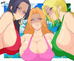 3girls almost_naked beach big_breasts bikini bikini_top black_hair bleach blonde_hair blue_eyes boa_hancock breast_focus breasts breasts_bigger_than_head brown_eyes cleavage company_connection crossover dress_inside_ass earrings female female_only heart heart_eyes huge_breasts jewelry large_breasts light-skinned_female light_skin long_hair looking_at_viewer matsumoto_rangiku mature mature_female mature_woman mikleodeus mole mole_under_mouth mostly_nude multiple_girls naruto naruto_(series) naruto_shippuden naughty naughty_face naughty_smile nipples nipples_visible_through_clothing one-piece_swimsuit one_piece oppai orange_hair outdoors puffy_nipples revealing_swimsuit seaside shounen_jump shueisha sian sideboob skimpy skimpy_bikini sling_bikini slingshot_swimsuit smile swimsuit symbol-shaped_pupils take_your_pick the_big_6 tongue tongue_out top_heavy top_heavy_breasts trait_connection tsunade upper_body visible_nipples voluptuous voluptuous_female watermark weekly_shonen_jump white_border