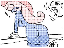 ! 1girls 2023 ass back_view blush breasts cragscleft exclamation_point female female_only fish flipnote_studio hat humanoid mario_(series) monochrome nibbles_(mario) nintendo non-human nude nude_female paper_mario paper_mario:_the_thousand-year_door pink_hair pool purple_skin shadow_siren solo solo_female vivian_(paper_mario)