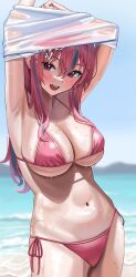 1girls alternate_hairstyle azur_lane beach bikini breasts bremerton_(azur_lane) female female_only hair_down huge_breasts light-skinned_female light_skin long_hair midriff navel outdoors pink_bikini pink_eyes pink_hair shocho smile solo wet