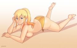 1girls alternate_version_available ass big_ass big_breasts bikini_bottom blonde_hair blue_eyes bottomwear breasts bubble_ass bubble_butt darkness_(konosuba) fat_ass feet female female_only grin hair half-closed_eyes huge_ass kono_subarashii_sekai_ni_shukufuku_wo! lackatask large_breasts legs nipples on_stomach ponytail pose posing seductive seductive_look seductive_smile sensual smile solo solo_female the_pose topless topless_female topwear_removed