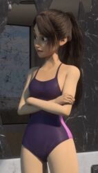 3d brown_hair crossed_arms jurassic_world_camp_cretaceous one-piece_swimsuit ponytail purple_one-piece_swimsuit screencap screenshot swimsuit yasmina_fadoula_(jurassic_world)