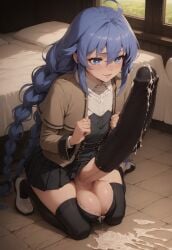 ai_generated ball_bra blue_eyes blue_hair civitai cum ejaculation erect_penis erection_under_clothes flat_chest futanari highres huge_cock hung_futanari large_balls large_penis leaking_cum long_penis looking_at_penis mushoku_tensei mushoku_tensei:_isekai_ittara_honki_dasu myth1c2 penis penis_ornament penis_stocking roxy_migurdia sitting twin_braids