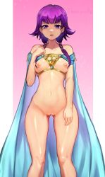 arm_up blue_cape breasts cape female fire_emblem fire_emblem:_the_sacred_stones gradient_background highres lute_(fire_emblem) medium_breasts medium_hair navel nipples nude outside_border parted_lips pillarboxed pink_background purple_eyes purple_hair pussy r123 simple_background solo standing thank_you