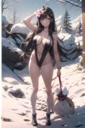 ai_generated black_hair blue_eyes brown_hair flower_in_hair hair_ornament long_hair long_legs sling_bikini sun_rong the_daily_life_of_the_immortal_king