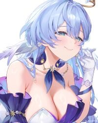 armpit_crease artist_name bare_shoulders blue_hair breasts closed_mouth collar collarbone commentary_request detached_collar detached_sleeves earrings female gloves green_eyes hair_between_eyes halo hand_up head_wings highres honkai:_star_rail honkai_(series) jewel_under_eye jewelry large_breasts light_blush long_hair looking_at_viewer machi_(7769) machi_(machi0910) purple_collar purple_sleeves robin_(honkai:_star_rail) short_sleeves simple_background smile solo unfinished upper_body white_background white_gloves wings