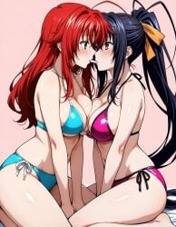 2girls ahoge ai_generated akeno_himejima antenna_hair bed big_ass bikini black_hair blue_green_eyes blush breast_on_breast breast_to_breast candy couple crimson_hair curvy female_only hair_ribbon high_school_dxd large_breasts lesbian light_skin looking_at_each_other orange_ribbon ponytail rias_gremory thick_thighs very_long_hair violet_eyes voluptuous yuri