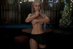 1girls 3d black_skirt blender blonde_hair christmas_tree covering_breasts enigmaj female_focus female_only fingers_in_mouth light-skinned_female looking_at_viewer maryse_ouellet milf pool_table solo_female sucking_on_fingers topless wwe wwe_diva