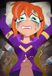 ai_generated barbara_gordon batgirl cartoon_network clothed_sex clothing crying dc_comics dc_super_hero_girls dirty orange_hair partial_male peeing penis pillow pov rape slut tears teeth urine wet