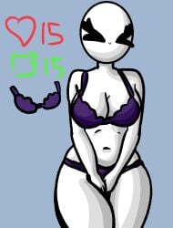 bald bald_female black_eyes blue_background bra breasts chetoh claire_(chetoh) cleavage clothed clothed_female egg female hands_on_crotch like_icon looking_at_viewer matching_underwear oc original original_character panties purple_bra purple_panties retweet_icon strip_game thick_thighs twitter twitter_strip_game_(meme) white_body winking