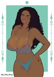 1girls 2d 2d_(artwork) areolae areolae_peeking beauty_mark bedroom_eyes black_pinup_project blush breasts breasts_spilling_out cameltoe clothing crop_top curly_hair curvy dark-skinned_female dark_skin female female_focus female_only hand_on_hip huge_breasts long_fingernails long_hair panties red_nails sleeveless_shirt solo toned_belly