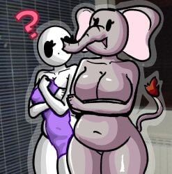 2girls ? anthro background bald bald_female belly belly_button black_eyes breasts chetoh chubby chubby_female claire_(chetoh) covering covering_self egg elephant female female_only grey_skin large_breasts loona_(chunkiroll) naked naked_female no_genitals nude_female oc original original_character tail towel_only trunk white_body