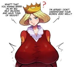 1girls ? blonde_hair blue_eyes crown dialogue english_text female female_only hi_res huge_breasts looking_at_viewer nipple_bulge ousama_ranking pinkkoffin queen_hilling ranking_of_kings solo talking_to_viewer white_background