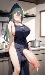 1futa ai_generated apron big_balls cum flaccid futanari green_hair huge_breasts huge_cock kitchen precum sideboob zynai