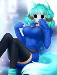 1girls animal_ears black_thighhighs blue_hair cyan_hair fox_ears fox_girl fox_tail gigamessy hoodie_dress light_blue_hair mask masked shy_gal sweater_dress thighhighs thighs