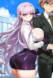 ai_generated arm_hug ass bangs breasts breasts_visible_through_clothing danganronpa danganronpa_(series) erect_nipples erect_nipples_under_clothes gloves kirigiri_kyouko large_breasts long_hair looking_at_viewer miniskirt naegi_makoto nipples nipples_visible_through_clothing no_bra purple_hair school_uniform see-through skindentation tharkica