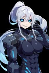 abs ai_generated android arm_canon black_sclera blue_eyes combat_form cyborg_body gray_hair hismajestyii jenn_schauber_(hismajestyii) jenn_schauber_(t-17_warform)_(hismajestyii) large_breasts light_skin mature mature_female menacing novelai original original_character sharp_teeth silver_hair slim smile synthetic_body