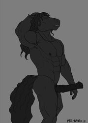 anthro balls big_penis closed_eyes equine erection flared_penis furry hair horse horsecock male male_only mehawk monochrome muscles nipples no_humans nude penis sheath solo