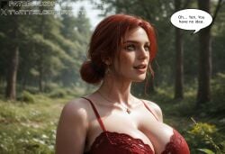 3d ai_generated big_breasts black_hair comic comic_panel fantasy futa_on_female futanari highres huge_ass huge_breasts huge_cock milf panels proxyaiart purple_eyes red_hair text text_bubble the_witcher_(series) the_witcher_3:_wild_hunt thick_ass thick_thighs triss_merigold voluptuous yennefer yennefer_of_vengerberg