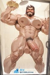 bara beard big_balls big_pecs big_penis male_only muscular_male shower stubblehunk