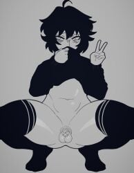 1boy black_and_white black_hair bottomless chastity_cage cute doomer_boy embarrassed emo femboy goth johnv male male_only meme_reference peace_sign rage_comics sissy solo squatting tagme teenager thick thick_thighs thighhighs thighs twink wojak_comics