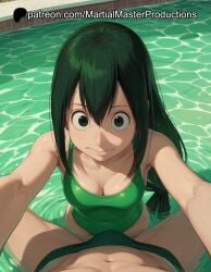 1boy 1girls ai_assisted ai_generated asui_tsuyu crotch green_hair green_one-piece_swimsuit my_hero_academia one-piece_swimsuit one_piece_swimsuit patreon pool poolside pov swimsuit