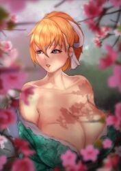 1girls bare_shoulders big_breasts breasts breasts_bigger_than_head busty cleavage deep_cleavage enormous_breasts female female_only gigantic_breasts huge_breasts japanese_clothes liselotte_meier liselotte_meier_(stickvenezuela) looking_away massive_breasts orange_hair original_character short_hair solo solo_female solo_focus stickvenezuela teal_eyes