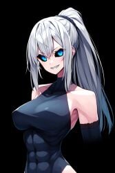 ai_generated android black_sclera blue_eyes combat_form exposed_arms exposed_hips gray_hair hips hismajestyii jenn_schauber_(hismajestyii) jenn_schauber_(t-17_warform)_(hismajestyii) large_breasts leotard leotard_pattern light_skin mature mature_female menacing nipples_visible_through_clothing novelai original original_character sharp_teeth silver_hair slim smile synthetic_body