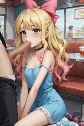 1boy actualtrashhuman ai ai_generated aqua_eyes blonde_hair blue_dress bow_in_hair choker clothed_sex diner dress fellatio female gradient_hair hairbow long_hair short_dress slender_body waitress waitress_uniform wavy_hair