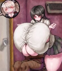 1boy 2b213 2girls alternate_breast_size bangs big_breasts black_hair blonde_hair blush breast_focus breast_hold breast_squeeze bubble busty chair closed_eyes danganronpa danganronpa:_trigger_happy_havoc door enormous_breasts gigantic_breasts hair_ornament head_between_breasts head_in_cleavage huge_breasts hyper_breasts inbetweening junko_enoshima large_breasts light-skinned_female mukuro_ikusaba room short_hair skirt stuck_between_breasts thick_thighs tied_up twintails unseen_male_face vent victim