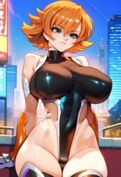 2d ai_generated big_breasts city female female_focus female_only flipped_hair gloves igawa_sakura leotard night orange_hair outdoors short_hair solo solo_female solo_focus tagme taimanin_(series)