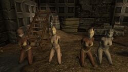 3d 4girls arms_behind_back bra dark_skin dark_skinned_female gag gagged kneeling multiple_girls panties skyrim the_elder_scrolls theskyrimswashbuckle underwear yellow_bra yellow_panties