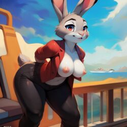 ai_generated anthro ass belly belly_button bent_forward bent_over black_pants blazer boat breasts breasts_out bunny bunny_girl bunny_tail butt cruise_ship diplive7 furry hands_to_sides judy_hopps nipples ocean open_clothes open_shirt outdoor_nudity outdoors professional_clothes rabbit rabbit_girl red_blazer revealing revealing_breasts sea seaside ship smile tagme tits_out water zootopia