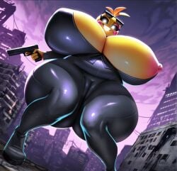 ai_generated black_latex city exposed_nipples eyelashes fallenskycz five_nights_at_freddy's gigantic_ass gigantic_breasts glowing_eyes glowing_teeth holding_gun holding_weapon huge_ass huge_breasts latex latex_suit looking_at_viewer looking_down pink_cheeks rosy_cheeks sharp_teeth smiling_at_viewer spy sunglasses sunglasses_on_head tight_clothing tight_pussy toy_chica_(fnaf) wardrobe_malfunction white_pupils wide_hips yellow_body