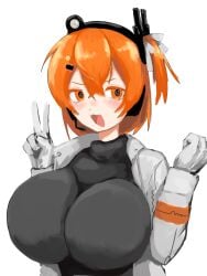 1girls a.i._voice adachi_rei big_breasts black_shirt black_turtleneck breasts_visible_through_clothing clothed female female_only gloves hair_ribbon hairclip hands_up headlamp headphones headphones_on_head headset huge_breasts jacket large_breasts medium_hair open_jacket orange_eyes orange_hair peace_sign pigtail radio_antenna robot robot_girl shirt simple_background smug smug_face solo sonosickte sweater turtleneck turtleneck_sweater twintails utau utauloid v white_background white_jacket white_ribbon