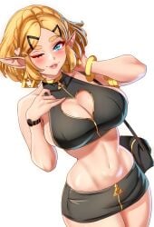 anisdrawn bare_midriff bare_shoulders big_breasts blonde_hair blue_eyes blush blush_lines boob_window bracelet cleavage cleavage_cutout cleavage_window female_only heart heart-shaped_cleavage_window heart_cleavage_cutout heart_cutout hourglass_figure looking_at_viewer midriff nintendo one_eye_closed one_eye_open pointy_ears princess_zelda purse short_hair side_boob sideboob simple_background solo tears_of_the_kingdom the_legend_of_zelda thighs triforce triforce_earrings watch white_background wide_hips wink wristwatch wristwear zelda_(tears_of_the_kingdom)