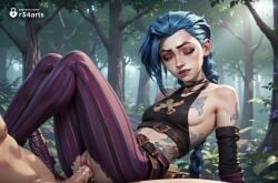 1boy 1boy1girl 1girls ai_generated arcane bare_shoulders belt biting_own_lip blue_hair braid choker closed_eyes clothed_female_nude_male crop_top cum cum_in_pussy cum_inside ejaculation forest gloves hi_res jinx_(league_of_legends) league_of_legends long_hair male_pubic_hair nature netflix nipples nude outdoors pants penis pubic_hair pussy r34arts riot_games sex sideboob small_breasts solo_focus straight striped_clothes striped_pants tattoo torn_clothes torn_pants tree twin_braids uncensored vaginal_penetration vaginal_sex